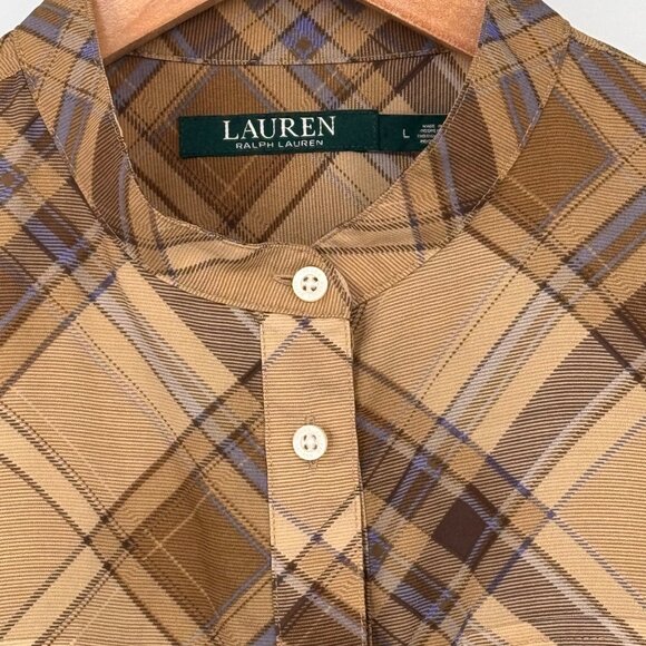 Lauren Ralph Lauren womens Plaid Tan & Brown Band Collar tunic Shirt size large - Picture 3 of 12